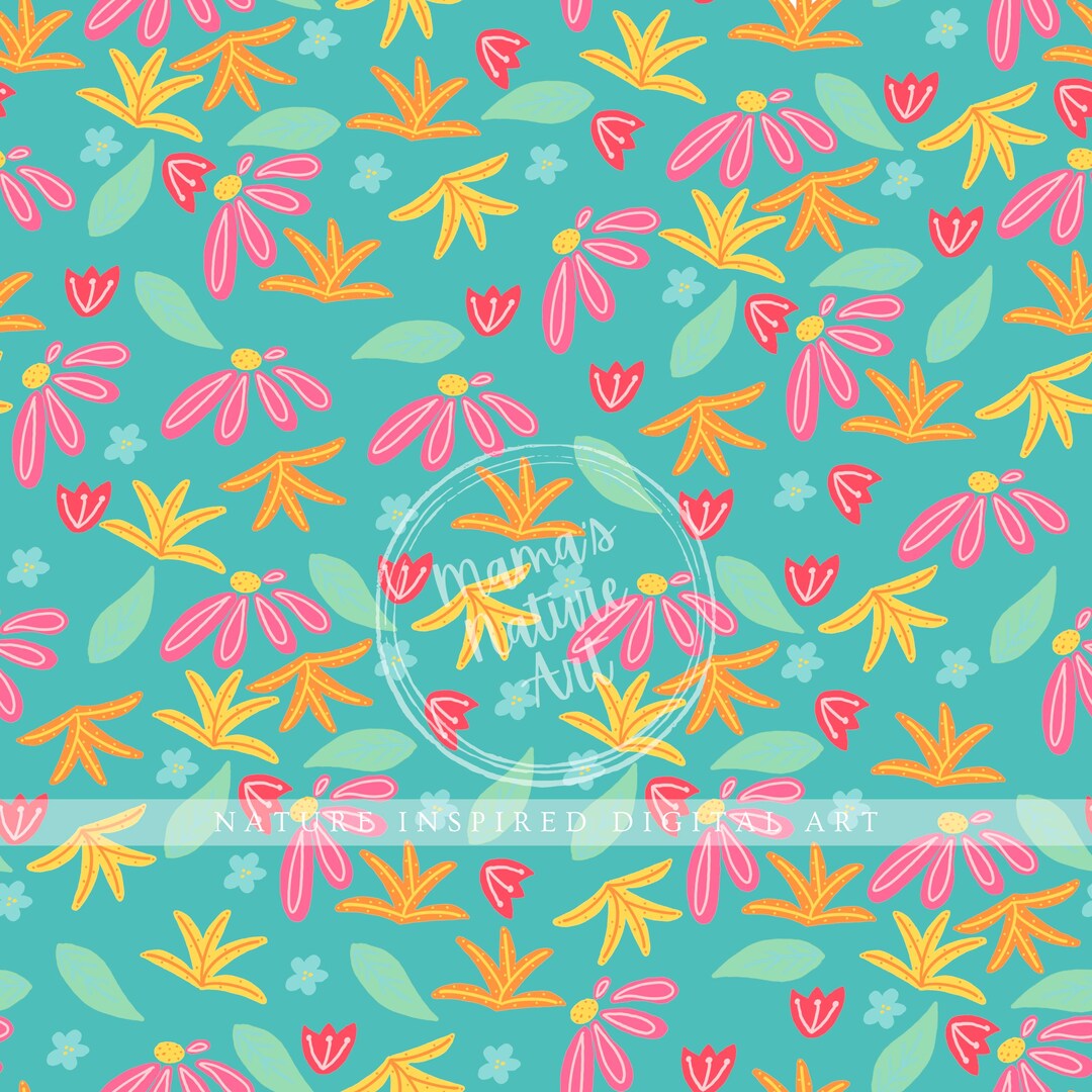 Teal Spring Flowers Seamless Pattern, Hand-drawn Floral Design (PNG ...