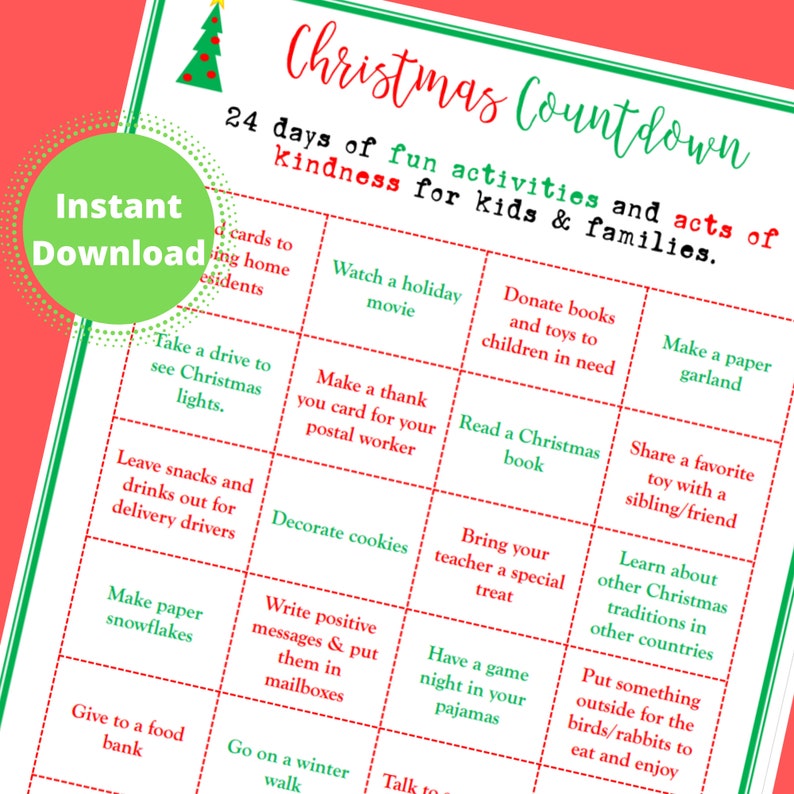Christmas Countdown Kindness and Activity Calendar Etsy