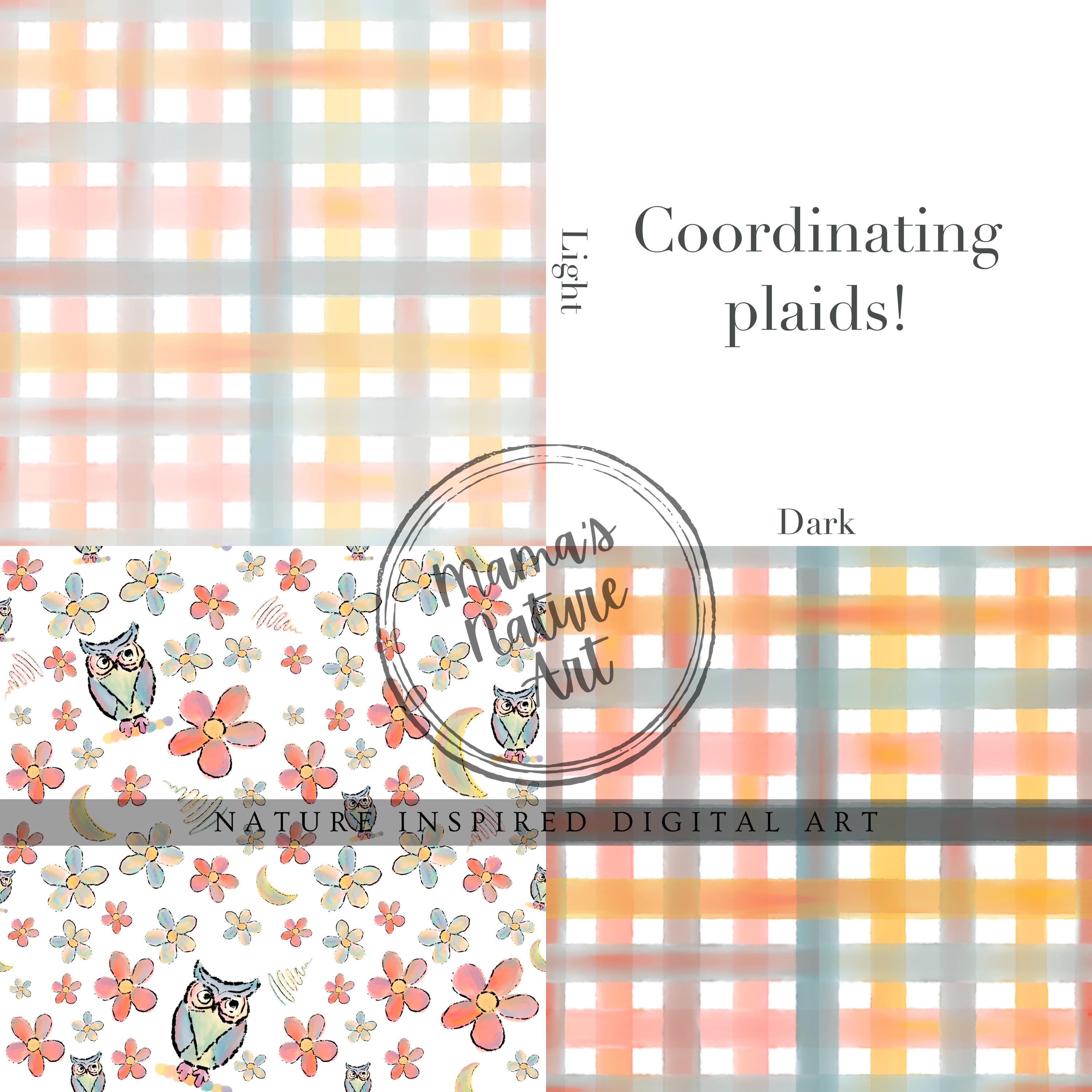 Soft whimsical owl moon watercolor & coordinating plaid pattern digital file PNG download 300dpi