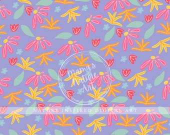 Diseño textil sin costuras con estampado floral primaveral de lavanda, dibujado a mano (descarga digital PNG)