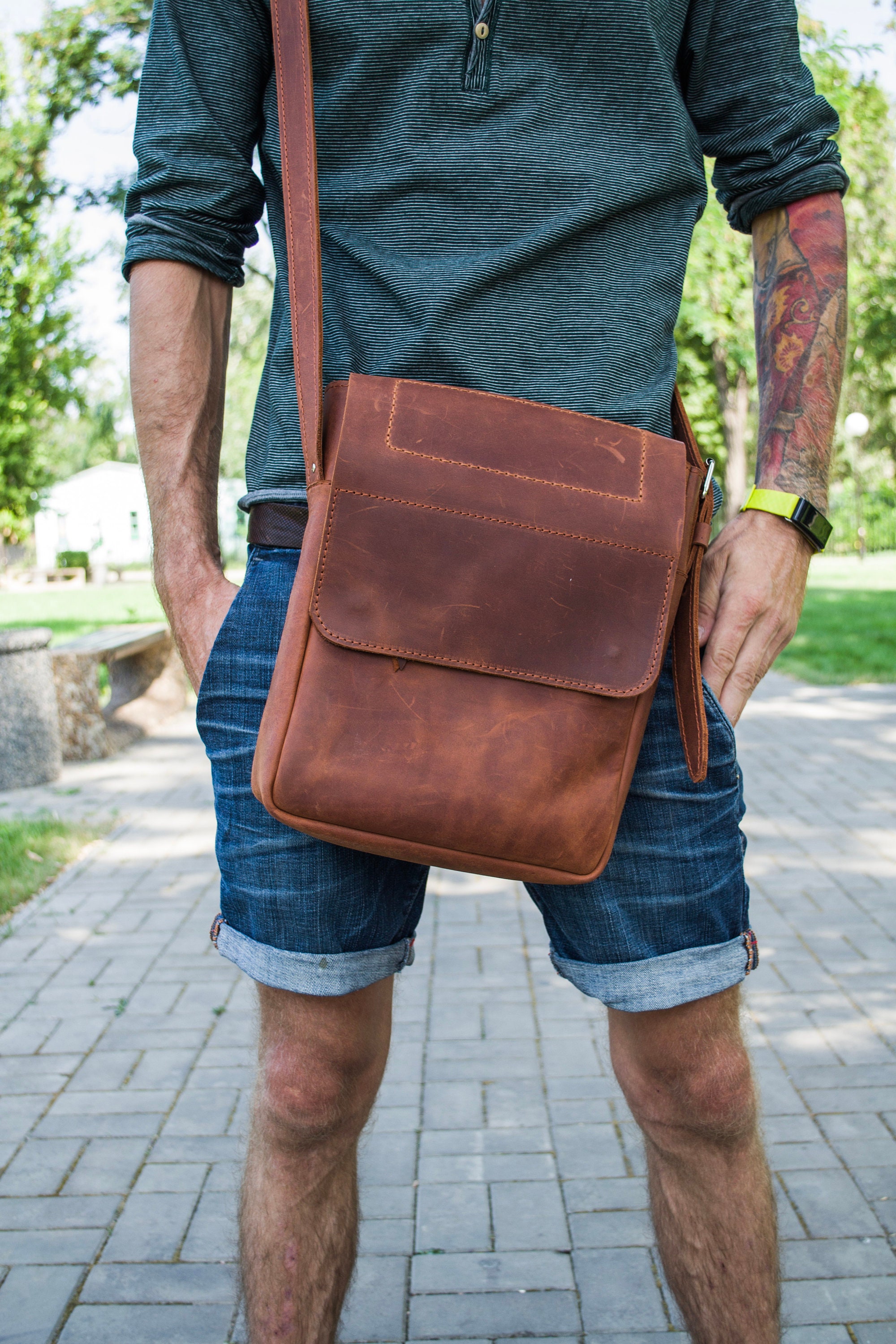 Vertical Messenger bag men // Leather shoulder bag Laptop Etsy