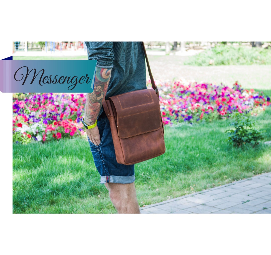 Vertical Messenger Bag Men // Leather Shoulder Bag Laptop Etsy