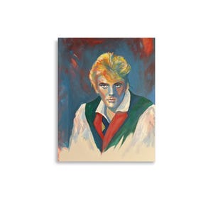 Puede incluir: Una pintura de retrato de una persona con cabello rubio, que lleva una camisa blanca con un chaleco rojo y verde. El fondo es una mezcla de tonos azules y rojos, creando un efecto dramático. El sujeto tiene una expresión seria.