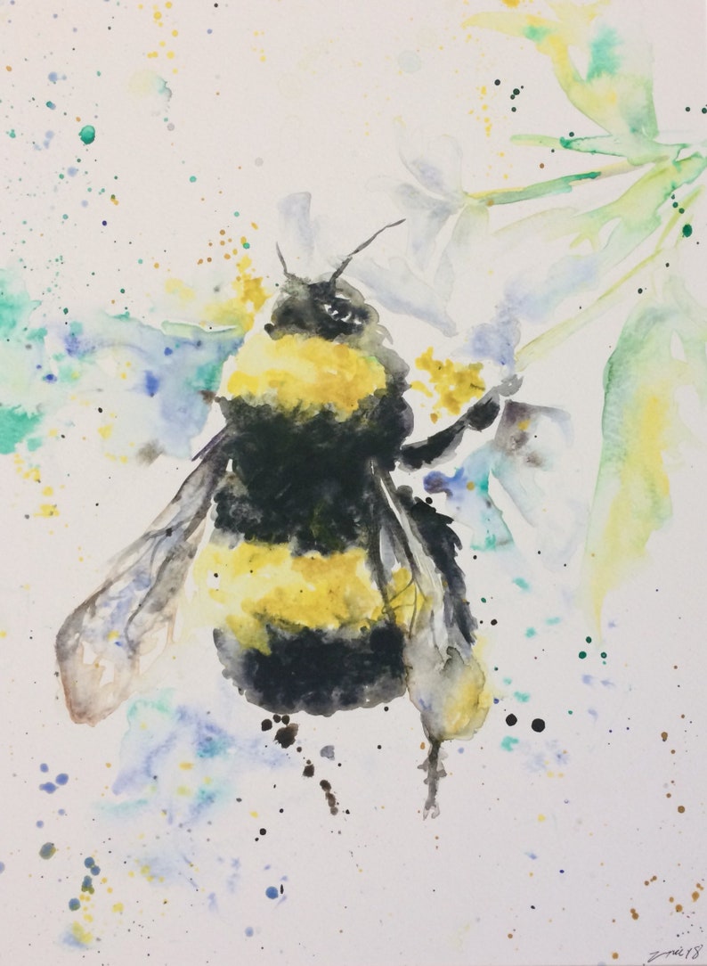 Bumble bee print watercolour painting Giclee print bee wall art modern A4 & A3 image 1