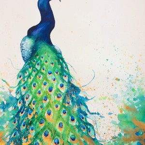 Giclee print of Watercolour original painting of  Peacock in gold