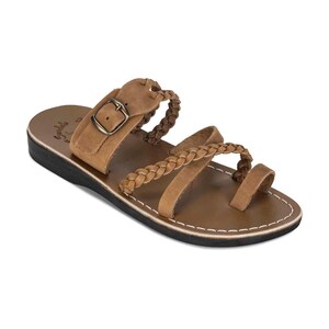 Jerusalem Sandals - Sophia Buckle - Women&#39;s Leather  Braided Slide Sandal | Tan Nubuck
