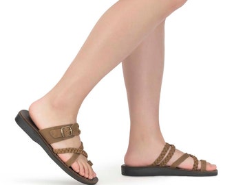 Jerusalem Sandals - Sophia Buckle - Women's Leather  Braided Slide Sandal | Oiled Brown