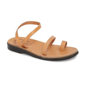 Jerusalem Sandals - Ella - Women&#39;s Leather  Ankle Strap Flat Sandal | Tan