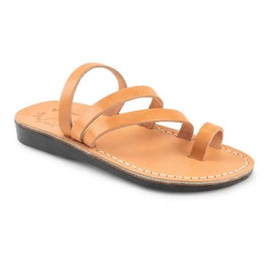 Jerusalem Sandals - Nora - Women&#39;s Leather  Strappy Flat Sandal | Tan