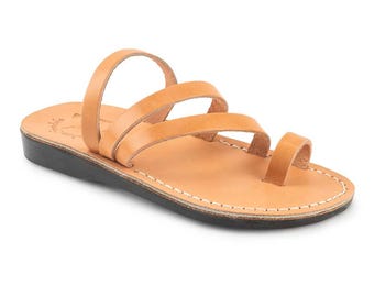 Jerusalem Sandals - Nora - Women's Leather  Strappy Flat Sandal | Tan