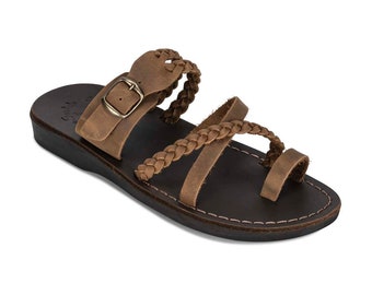 Jerusalem Sandals - Sophia Buckle - Women's Leather  Braided Slide Sandal | Oiled Brown