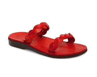 Jerusalem Sandals - Joanna - Women's Leather  Braided Strap Sandal | Red