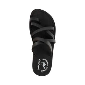 K&ouml;nnte beinhalten: Schwarze Ledersandalen mit mehreren Riemen und einem wei&szlig;en Logo mit der Aufschrift "Jerusalem Sandals hand made".