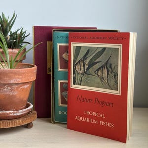 May include: Three vintage books are displayed, with a focus on the red "Nature Program" book featuring "Tropical Aquarium Fishes." The book has a picture of fish. The other books are burgundy and teal. A potted succulent plant is in the background.
