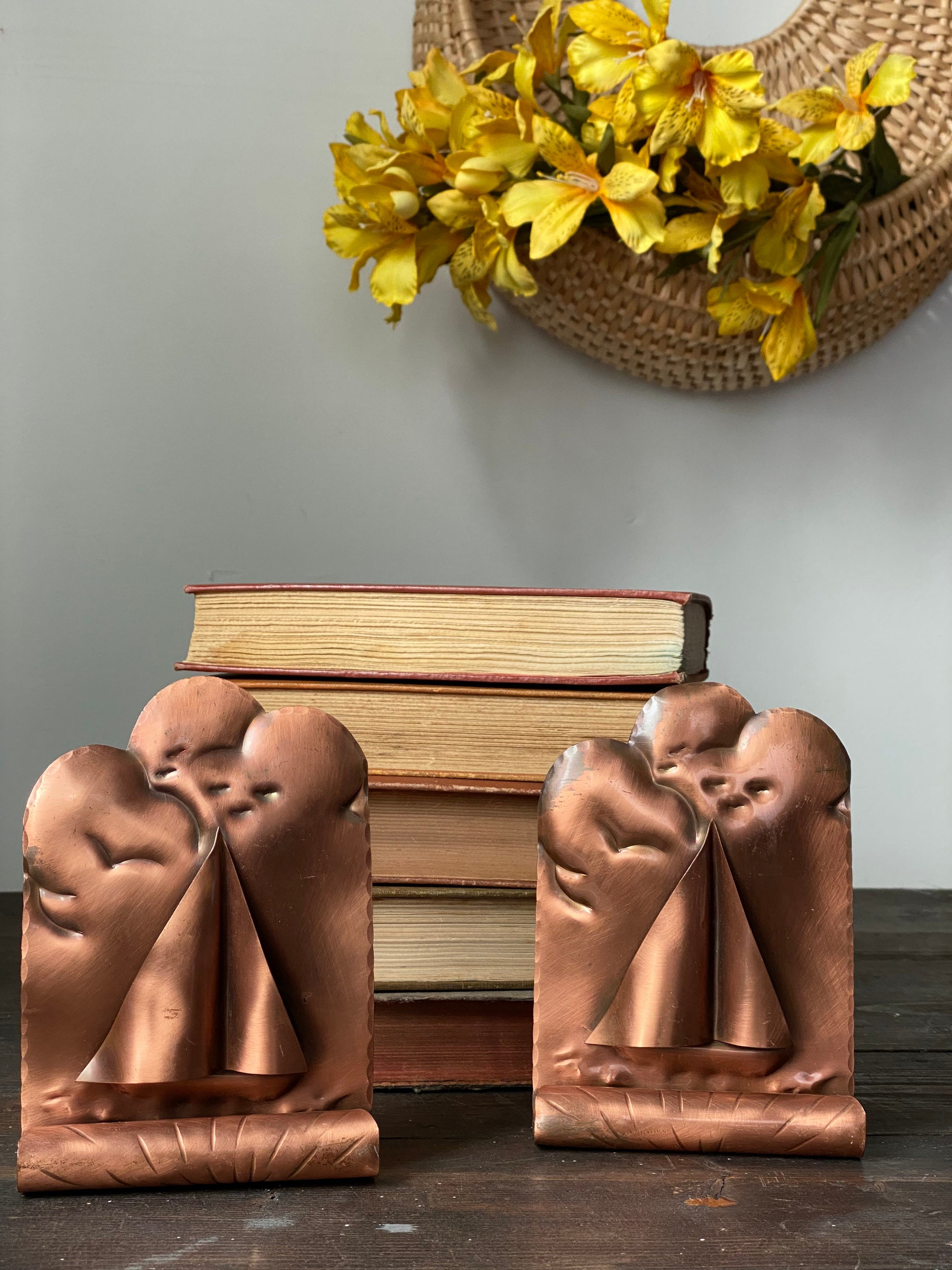 Vintage Gregorian Copper Sailboat Bookends, Vintage Copper Bookends