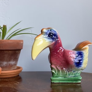 Vintage Ceramic Toucan Planter, Colorful Pottery Bird Planter,  Multicolor Rainbow Tropical Bird Planter
