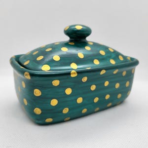 Emerald green butter dish with gold spots
