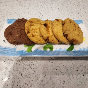 May include: A rectangular ceramic serving plate featuring a hand-painted blue wave and green seaweed design, holding two dark brown chocolate cookies and three golden-brown cookies with visible inclusions arranged in a row on the surface.