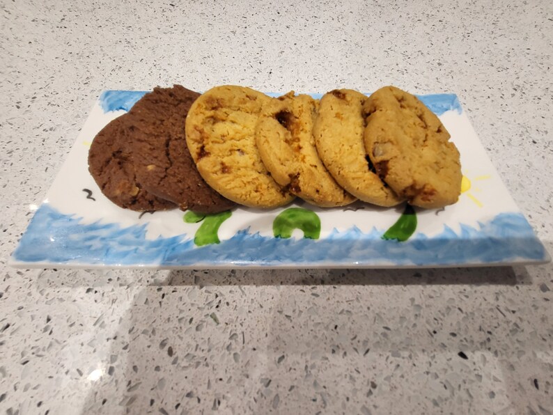 May include: A rectangular ceramic serving plate featuring a hand-painted blue wave and green seaweed design, holding two dark brown chocolate cookies and three golden-brown cookies with visible inclusions arranged in a row on the surface.