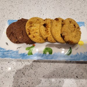 May include: A rectangular ceramic serving plate decorated with a painted blue ocean, green sea creatures, and a yellow sun, holding two dark brown chocolate cookies and four light golden-brown cookies arranged in a single row across the surface.