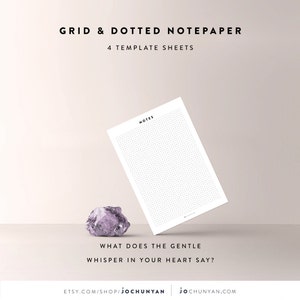 May include: A printable sheet of grid and dotted notepaper with the text "NOTES" at the top. The sheet is floating above a purple rock and a white surface. The text "WHAT DOES THE GENTLE WHISPER IN YOUR HEART SAY?" is below the sheet. The text "ETSY.COM/SHOP/JOCHUNYAN JOCHUNYAN.COM" is at the bottom of the image.