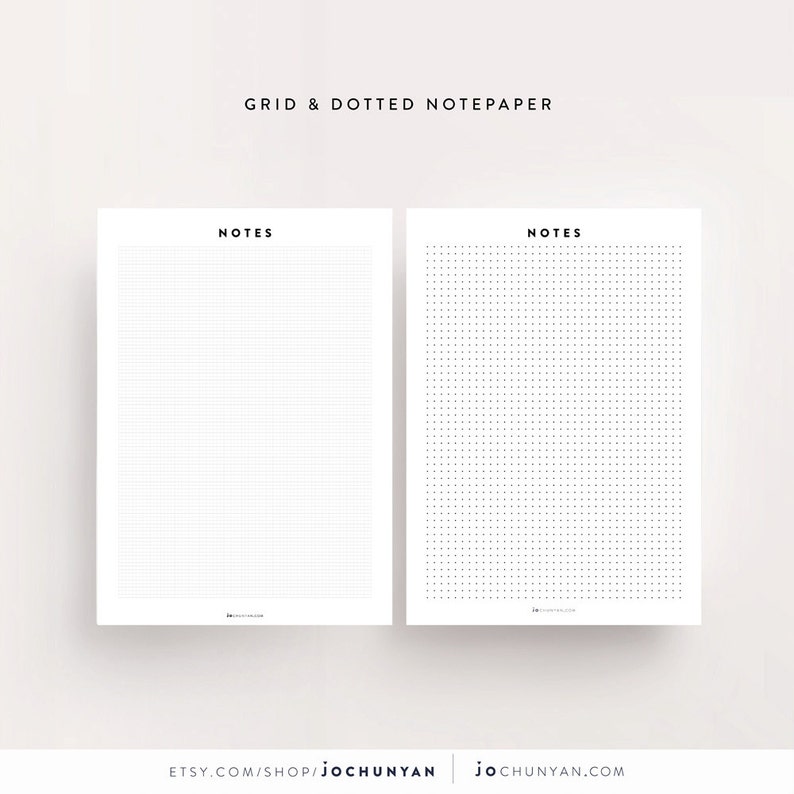 May include: Two printable sheets of paper with the word "NOTES" at the top. The left sheet has a grid pattern and the right sheet has a dotted pattern.