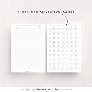 May include: Two printable pages with grid patterns. The left page has a grid of small squares. The right page has a grid of small dots. Both pages have a blank space at the top for a heading.