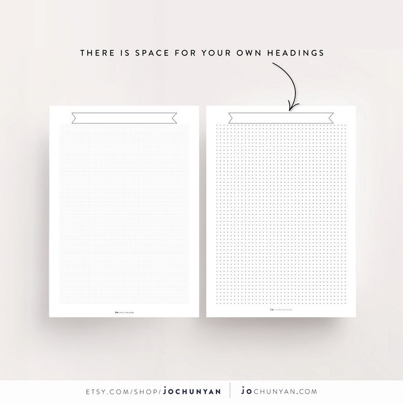 May include: Two printable pages with grid patterns. The left page has a grid of small squares. The right page has a grid of small dots. Both pages have a blank space at the top for a heading.