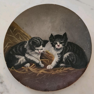19th Century Kitten Oil Painting on Paper Mache Plate