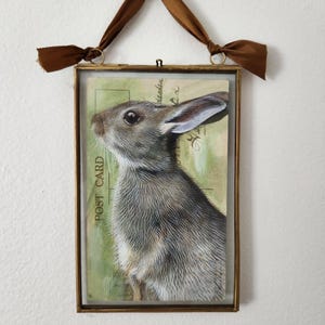Peinture originale de lapin ~ Peint à la main sur une carte postale ancienne ~ Unique en son genre ~ Angleterre