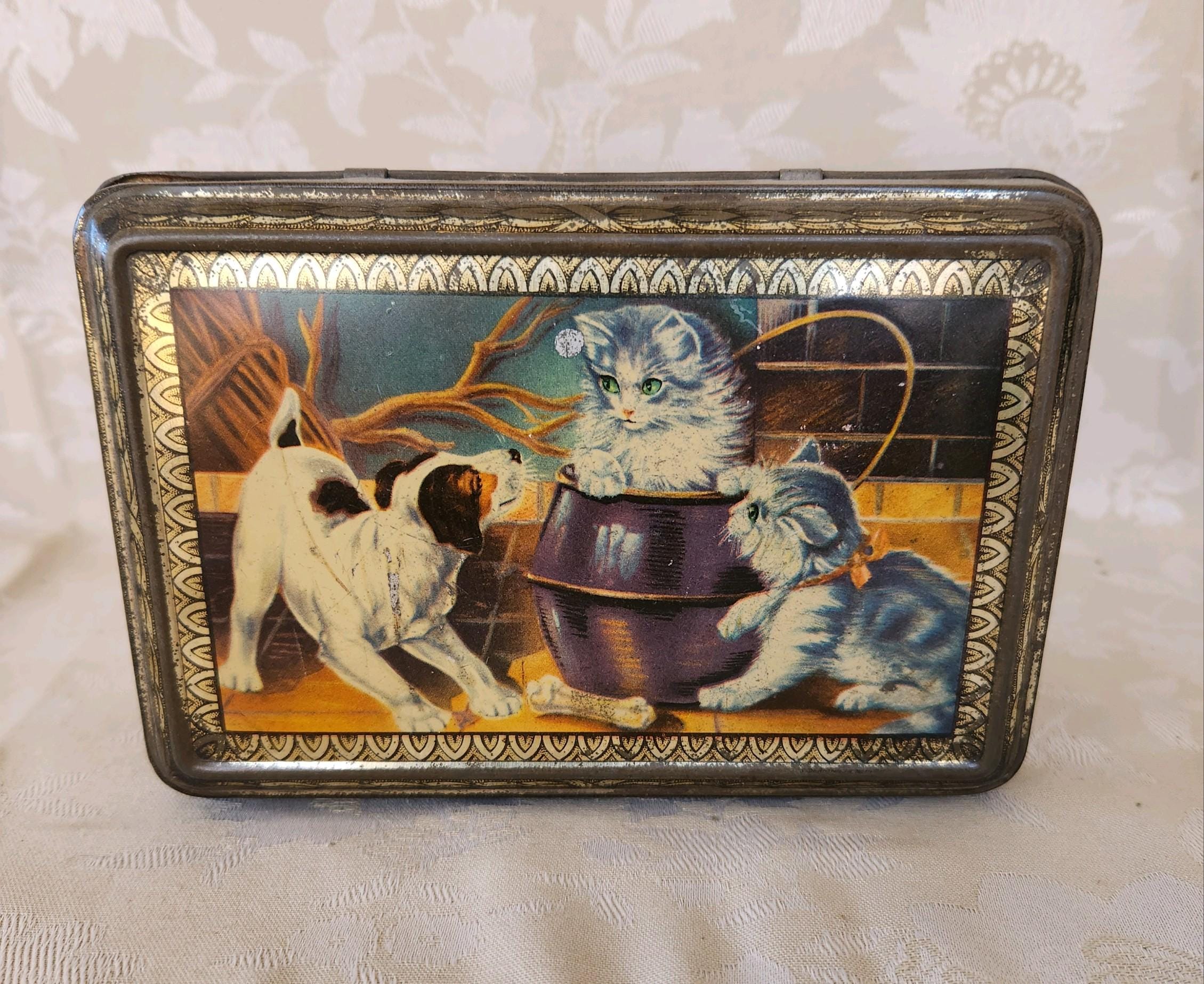 Vintage Biscuit Tin ~ Kitten's & Puppy ~ France