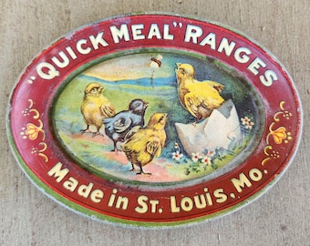 Antique Advertising Tip Tray ~ Quick Meal Ranges ~  St. Louis, Mo. ~ Baby Chicks