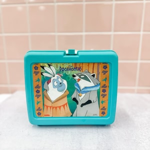 Vintage 90s Disney Pocahontas Lunchbox – Thermos Brand Teal Plastic Case with Meeko & Percy | Retro Cartoon Collector Storage Box