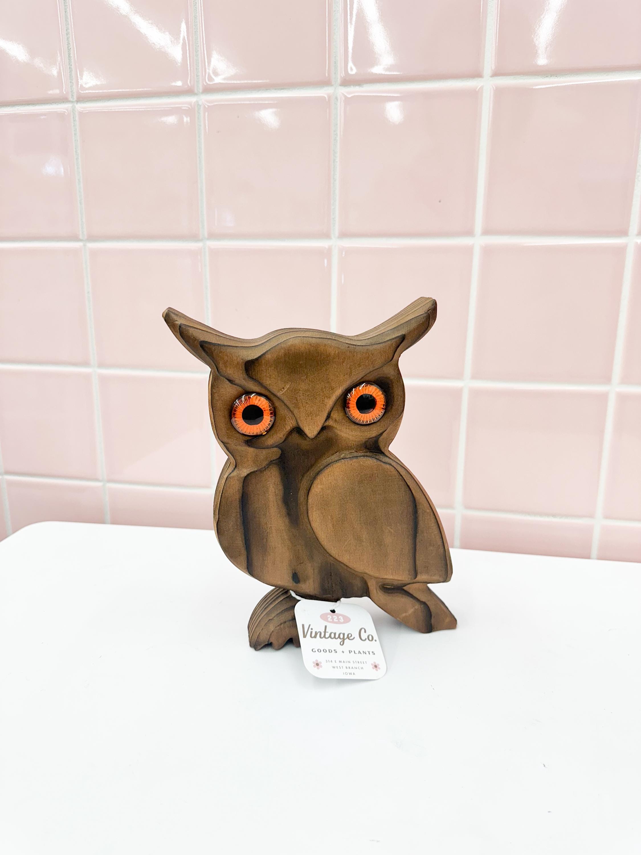 Vintage Mid Century Owl Brutalist Wood Carvings Folk Art Owl Sculpture, Groovy, Birds, Nature