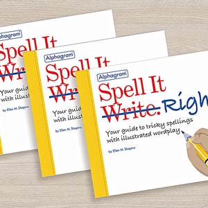 May include: Three books titled "Spell It Write. Right!" with a yellow spine and white cover. The book covers feature the title in blue and red text with a hand holding a pencil.