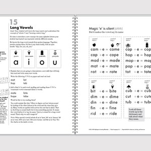 May include: A black and white educational book page with the title "Long Vowels" and "Magic 'e' is silent". The page features illustrations of a muffin, ice cream cone, a snail, and a unicycle. The page also includes a chart with the words "cam", "cap", "mad", "mat", "rat", "hop", "mop", "pop", "tot", "bit", "dim", "din", "fin", "rid", "cube", "cut", "tub" and their corresponding long vowel sounds.