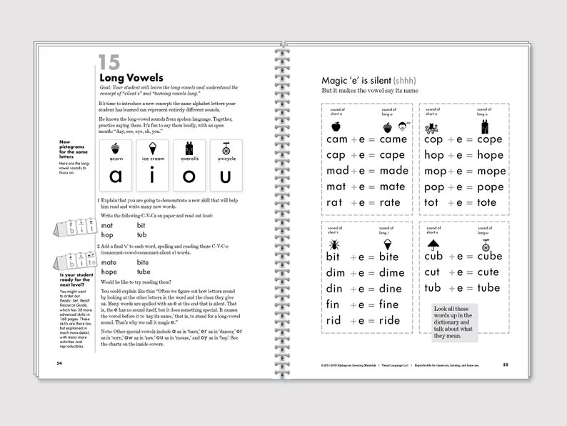 May include: A black and white educational book page with the title "Long Vowels" and "Magic 'e' is silent". The page features illustrations of a muffin, ice cream cone, a snail, and a unicycle. The page also includes a chart with the words "cam", "cap", "mad", "mat", "rat", "hop", "mop", "pop", "tot", "bit", "dim", "din", "fin", "rid", "cube", "cut", "tub" and their corresponding long vowel sounds.