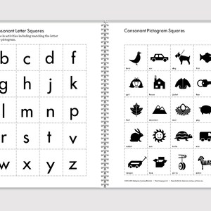May include: Black and white printable worksheet with consonant letter squares and consonant pictogram squares. The worksheet includes the alphabet from a to z and corresponding pictograms for each letter.