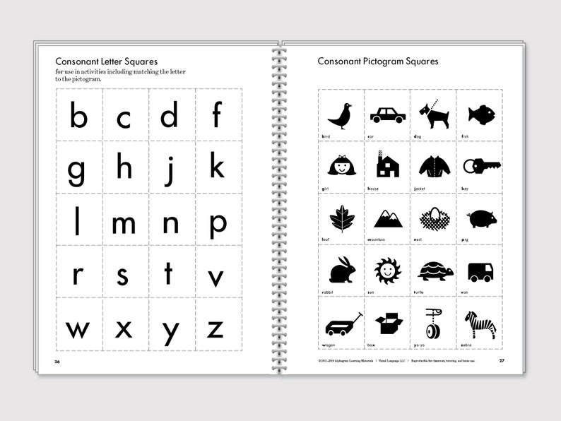 May include: Black and white printable worksheet with consonant letter squares and consonant pictogram squares. The worksheet includes the alphabet from a to z and corresponding pictograms for each letter.