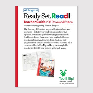 May include: A red and white book cover with the title "Ready, Set, Read!" in large, bold letters. The book is a teacher guide for a reading program and is available as a PDF download. The cover also features a green frog illustration and the text "You'll flip! The same content as our print edition."