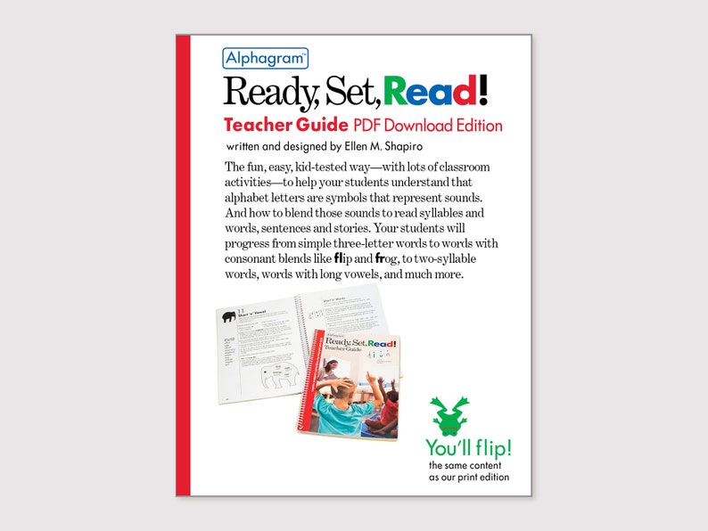 May include: A red and white book cover with the title "Ready, Set, Read!" in large, bold letters. The book is a teacher guide for a reading program and is available as a PDF download. The cover also features a green frog illustration and the text "You'll flip! The same content as our print edition."
