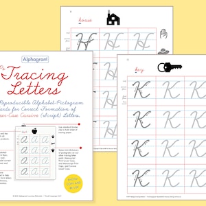 May include: A set of 26 printable alphabet tracing cards for kids. Each card features a letter of the alphabet in cursive script, a corresponding picture, and lines for tracing. The cards are designed to help children learn the correct formation of cursive letters.