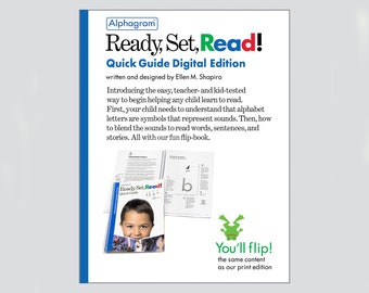 Könnte beinhalten: Ein Buchcover für "Ready, Set, Read!" Quick Guide Digital Edition von Ellen M. Shapiro. Das Cover zeigt einen bunten Titel, einen Comic-Frosch und ein Kind, das ein Buch betrachtet. Der Text auf dem Cover lautet "Introducing the easy, teacher- and kid-tested way to begin helping any child learn to read."