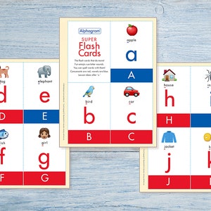 Super Alphabet Flash Cards / Enseñar letras y lectura / Emojis divertidos Cue Letras-Sonidos / Tarjetas fonéticas /