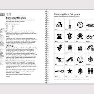 May include: Black and white illustrations of various objects, such as a broom, a clock, a frog, a flower, a present, a snowflake, and a spoon. The illustrations are arranged in a grid pattern and are labeled with the corresponding consonant blends.