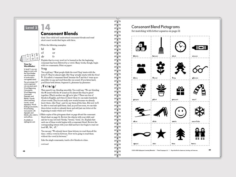 May include: Black and white illustrations of various objects, such as a broom, a clock, a frog, a flower, a present, a snowflake, and a spoon. The illustrations are arranged in a grid pattern and are labeled with the corresponding consonant blends.