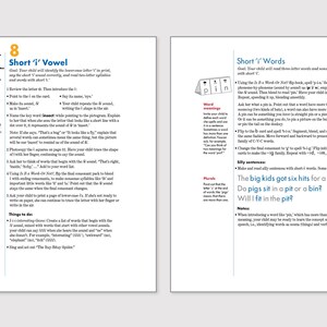 May include: A colorful educational book for children learning about the short 'i' vowel sound. The book features a cartoon insect, a word list, and activities to help children learn the sound and words.