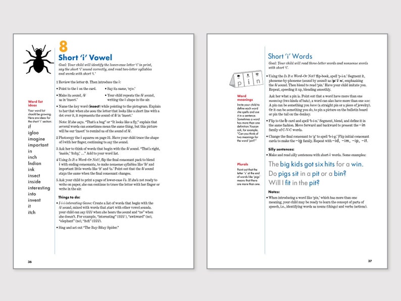 May include: A colorful educational book for children learning about the short 'i' vowel sound. The book features a cartoon insect, a word list, and activities to help children learn the sound and words.