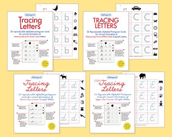 May include: Set of 26 printable alphabet tracing cards for kids. The cards feature a variety of letter styles, including manuscript, uppercase, lowercase cursive, and upper case cursive. Each card includes a picture to help children remember the letter shape.