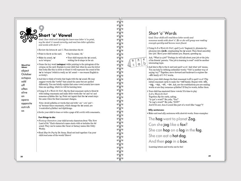 May include: A colorful page from a children's book about learning the short 'o' vowel sound. The page features an illustration of an octopus and a list of words with the short 'o' sound. The page also includes a section on how to teach children about the short 'o' sound.